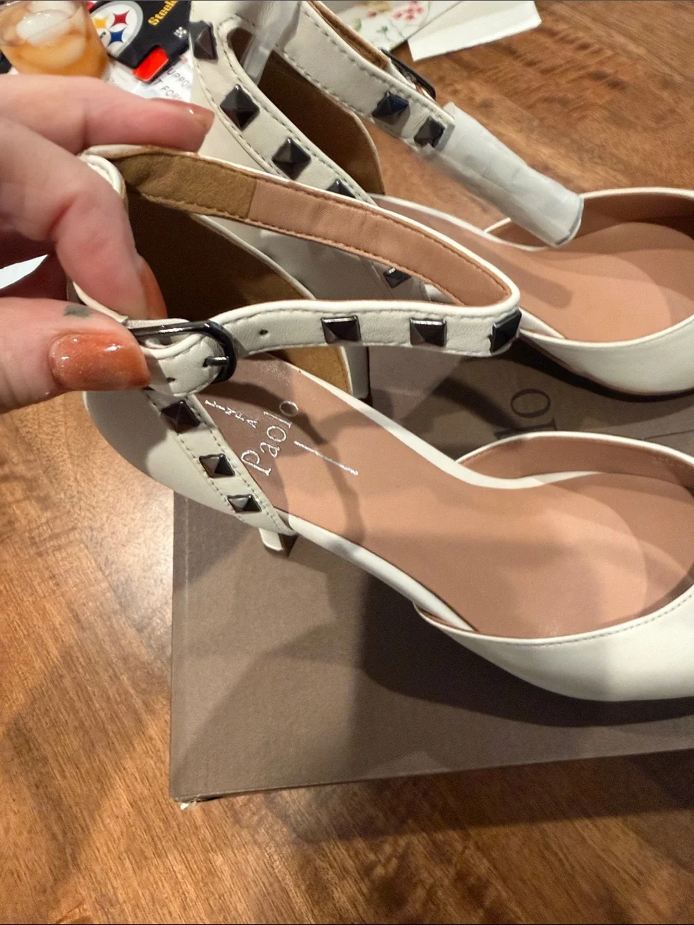 Paolo Cream Pointed Ankle-Strap Heels with Studded Back